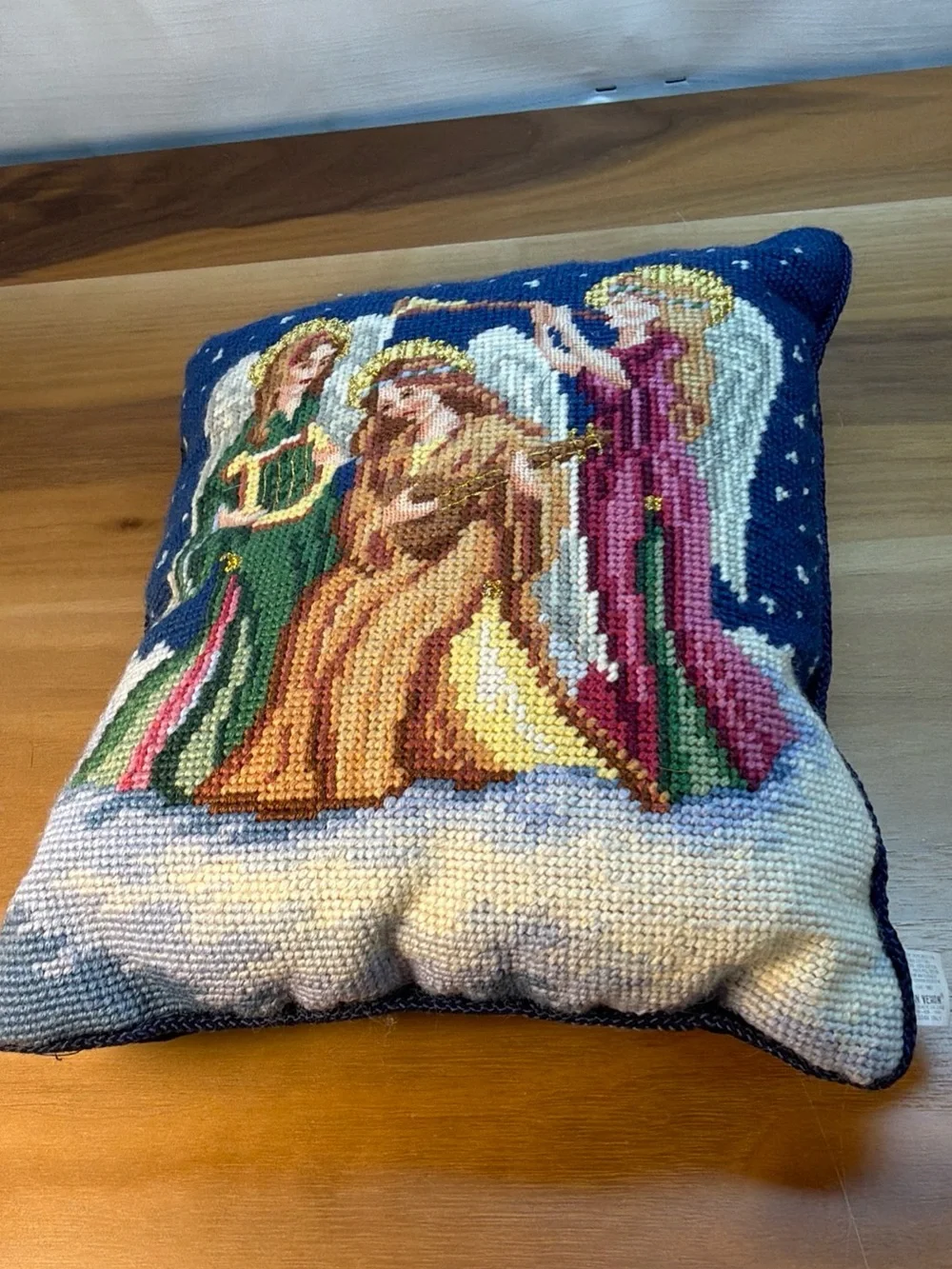 Vintage Wool Needlepoint Trow Pillow Lillian Vernon‎ Blue Velvet ANGELS 1993
